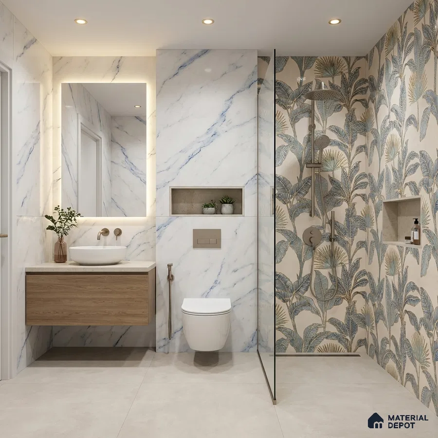 Modern bathroom with marble-look wall tiles, tropical highlighter shower tiles, and floating wood vanity