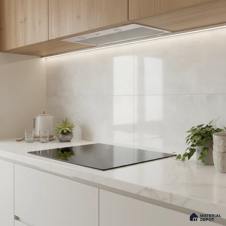 Modern kitchen with light oak laminate cabinets, white marble-look quartz countertop, and large format marble-look backsplash tile
