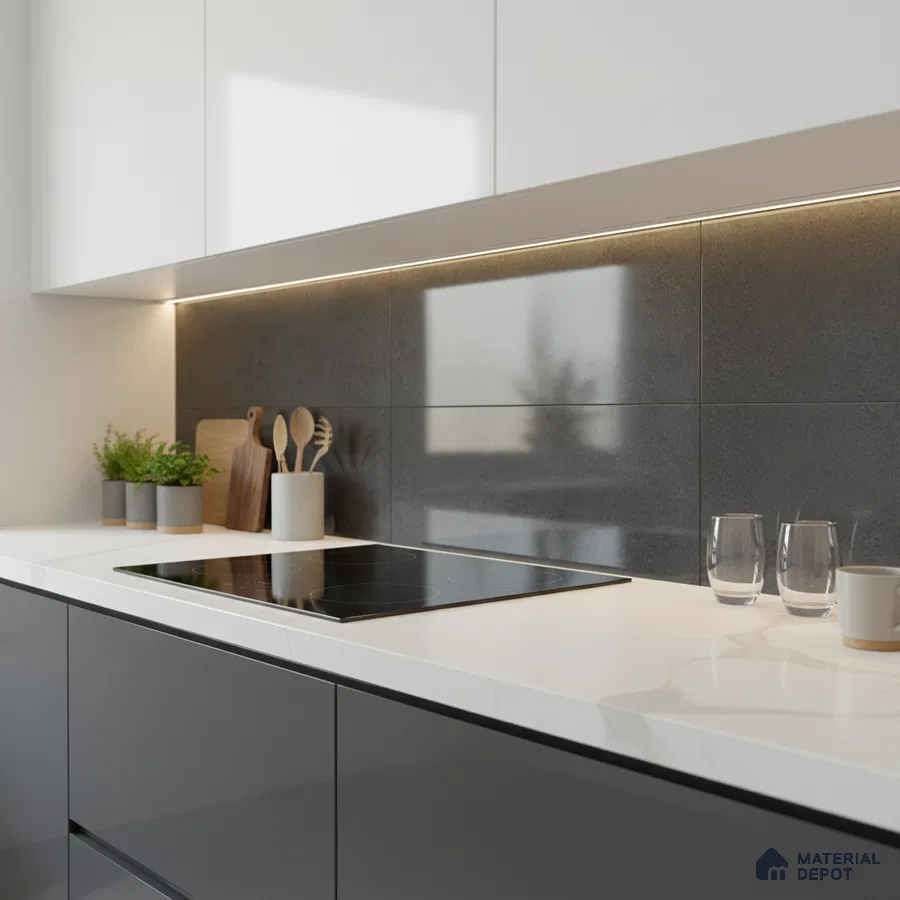 Minimalist kitchen with white marble-look quartz countertop and matte black backsplash tile