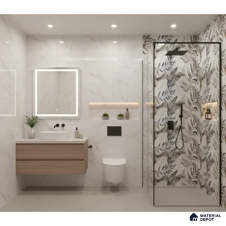 Modern bathroom with marble-look wall tiles, botanical highlighter shower tiles, and light wood floating vanity