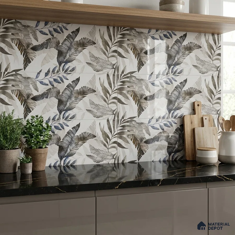 Modern kitchen with tropical floral highlighter backsplash tile and black marble countertop