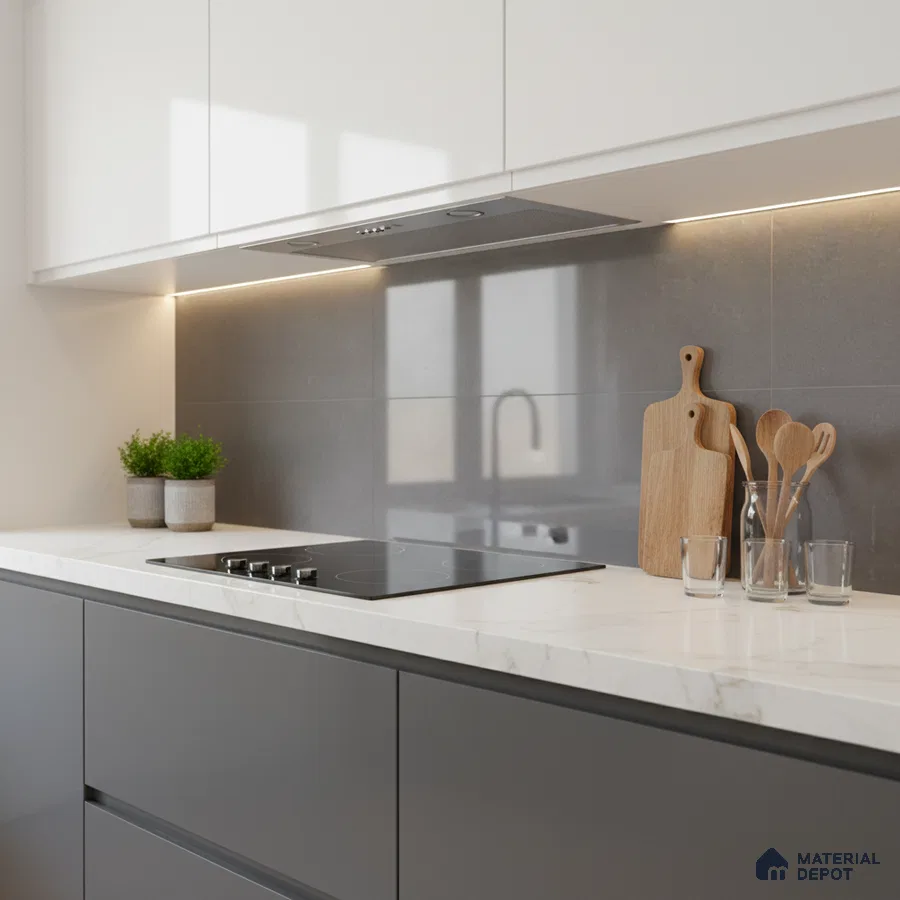 Minimalist kitchen with grey matte laminate, white marble-look countertop, and large grey backsplash tiles