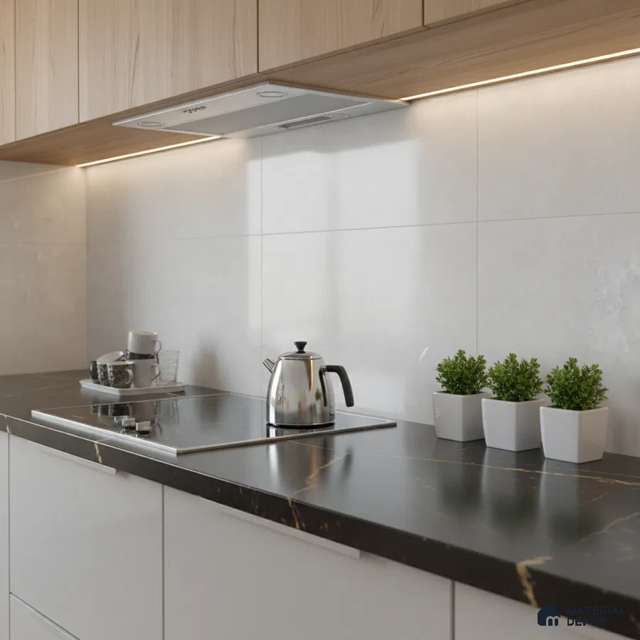 Modern kitchen with black marble-look countertop, light wood laminate cabinets, and large white wall tiles