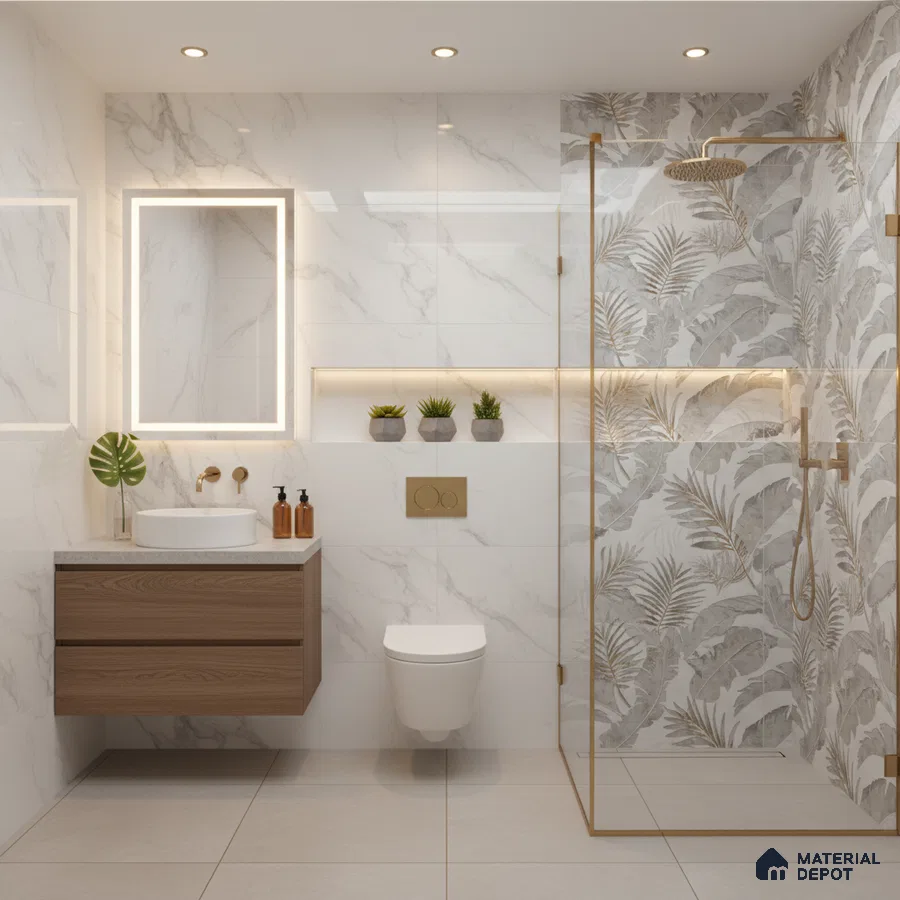 Modern bathroom with marble-look wall tiles, tropical patterned highlighter tiles, and floating wood vanity