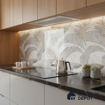 Modern kitchen with wood laminate cabinets, floral patterned backsplash tile, and black marble countertop
