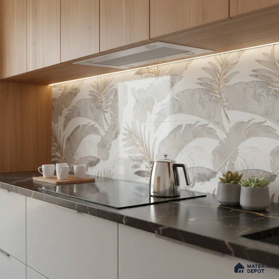 Modern kitchen with wood laminate cabinets, floral patterned backsplash tile, and black marble countertop