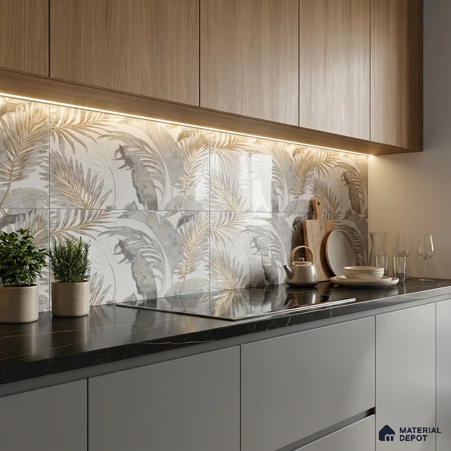 Modern kitchen with wood laminate cabinets, tropical patterned backsplash tiles, and black marble countertop