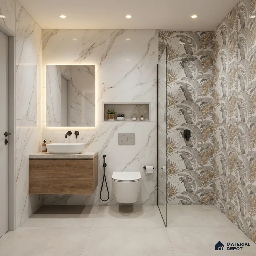 Modern bathroom with marble-look wall tiles, tropical patterned highlighter tiles, and wood vanity