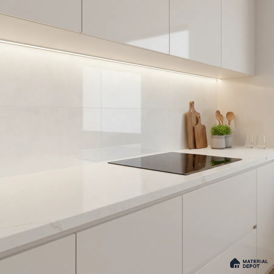 Minimalist kitchen with frosty white laminate cabinets and white marble-look quartz countertop