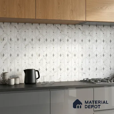 Modern kitchen with oak wood laminate cabinets, grey laminate base units, and geometric marble-look backsplash tiles