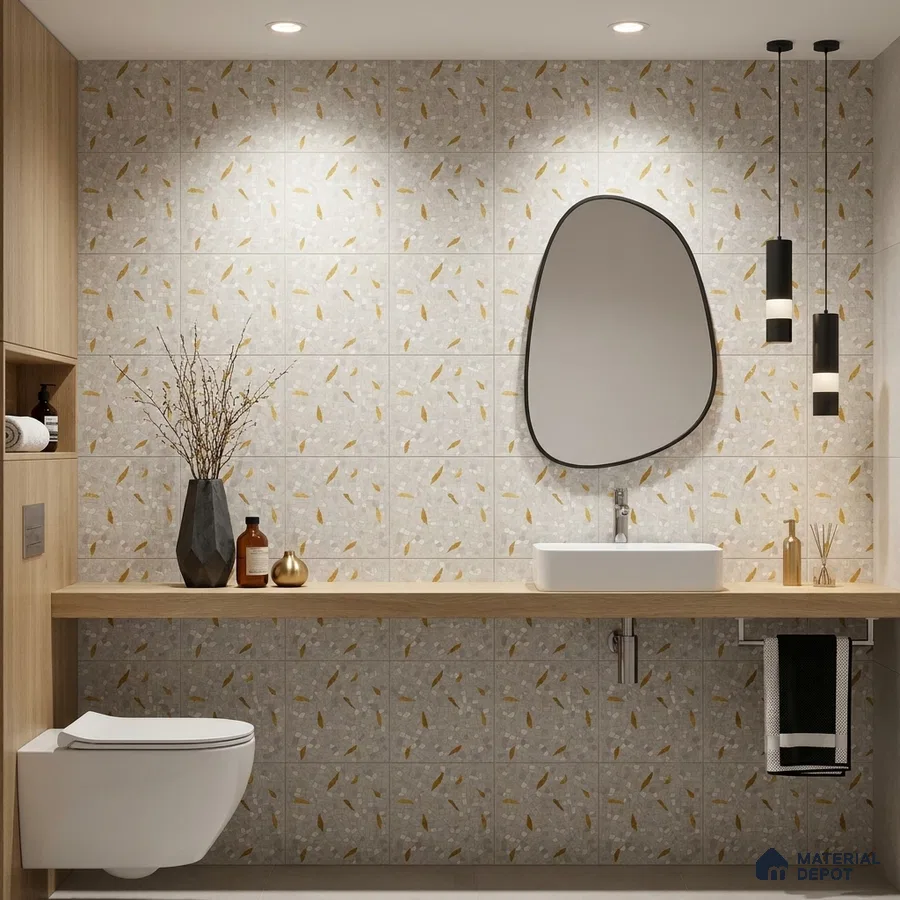 Modern bathroom with beige terrazzo wall tiles and light wood laminate countertop