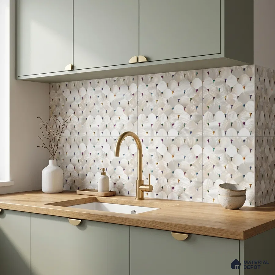 Scandinavian kitchen with sage green laminate cabinets, wood countertop, and scallop patterned backsplash tiles