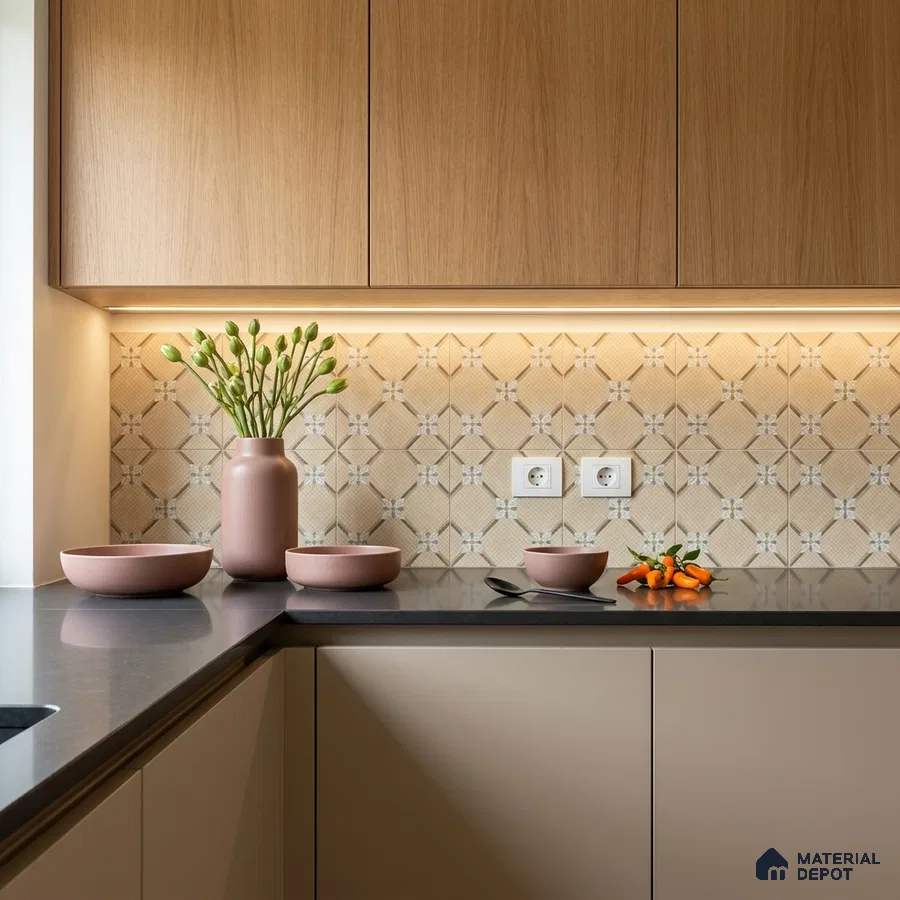 Scandinavian kitchen with light oak laminate, beige patterned backsplash tile, and matte grey quartz countertop