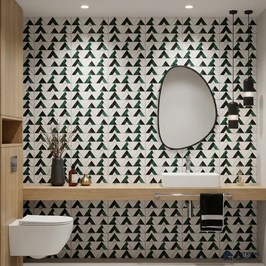 Modern bathroom with geometric black and green patterned wall tiles and light oak laminate vanity