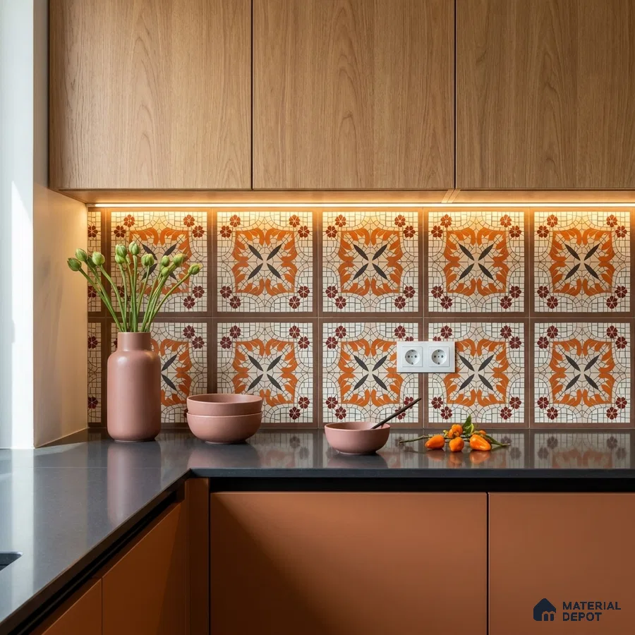 Modern kitchen with terracotta laminate, oak wood cabinets, and patterned moroccan backsplash tiles