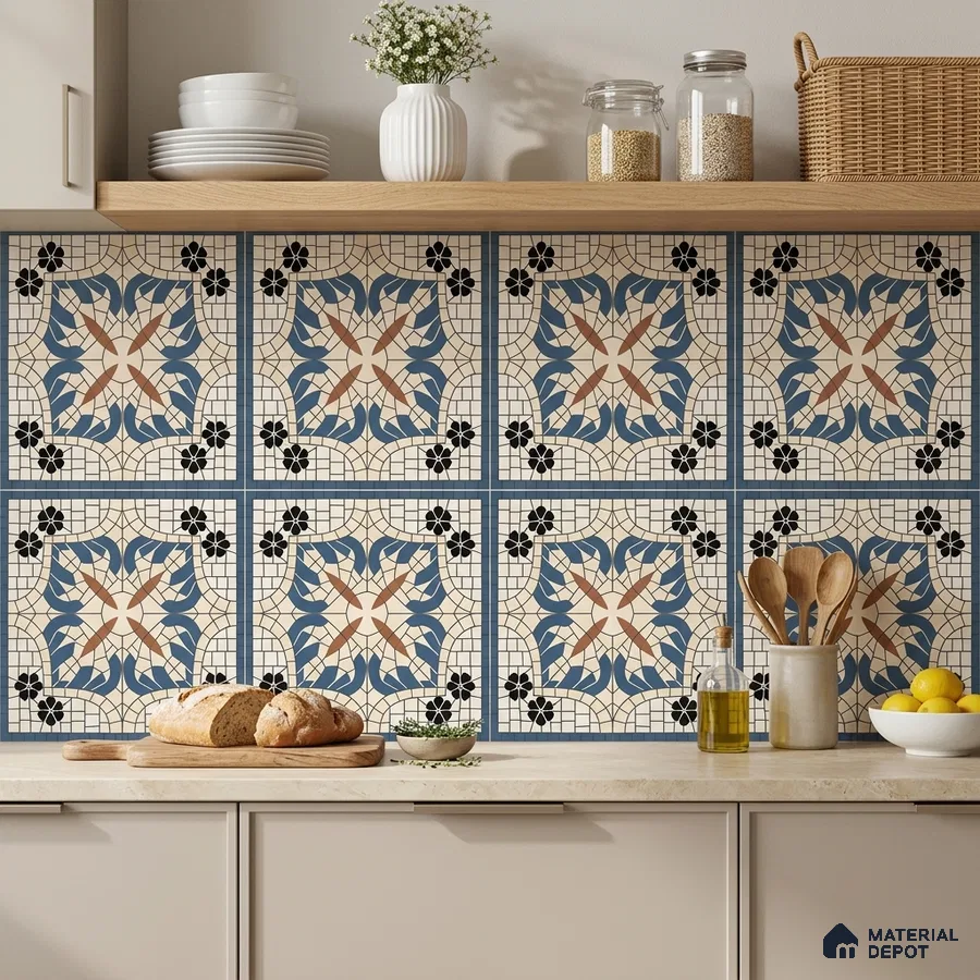Mediterranean kitchen with blue and terracotta patterned moroccan backsplash tiles and beige quartz countertop