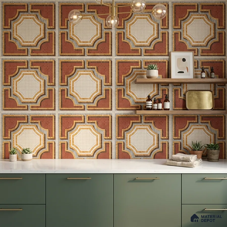 Eclectic kitchen with terracotta geometric mosaic wall tiles and sage green laminate cabinets