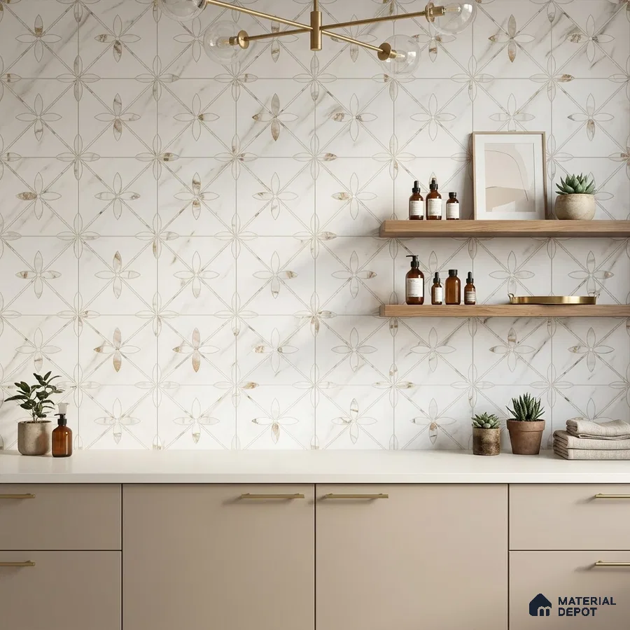 Modern bathroom with beige floral patterned wall tiles and matte taupe laminate vanity