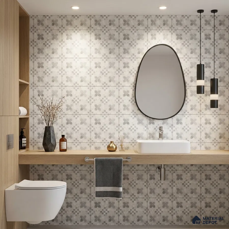 Scandinavian bathroom with grey floral patterned wall tiles and light oak wood countertop