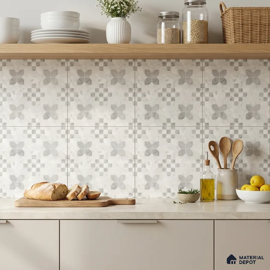 Scandinavian kitchen with patterned grey and white backsplash tiles and beige quartz countertop