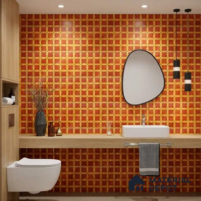 Modern bathroom with terracotta and yellow patterned wall tiles and light wood floating vanity