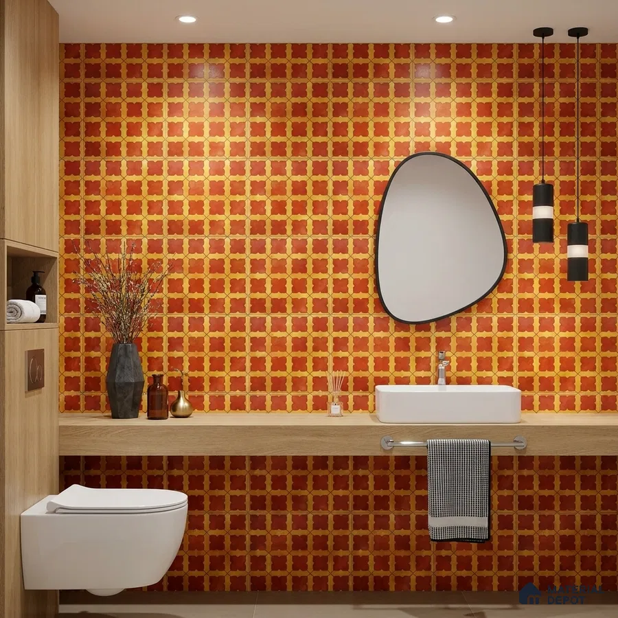 Modern bathroom with terracotta and yellow patterned wall tiles and light wood floating vanity