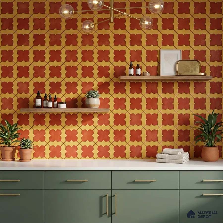 Modern bathroom with terracotta and mustard geometric wall tiles and sage green laminate vanity