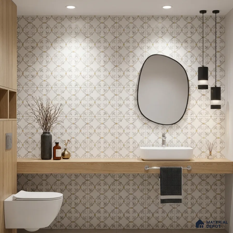 Modern bathroom with patterned beige and white wall tiles and light oak floating vanity