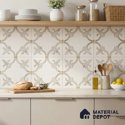 Modern kitchen with beige patterned backsplash tile and cream quartz countertop