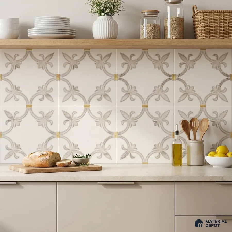 Modern kitchen with beige patterned backsplash tile and cream quartz countertop