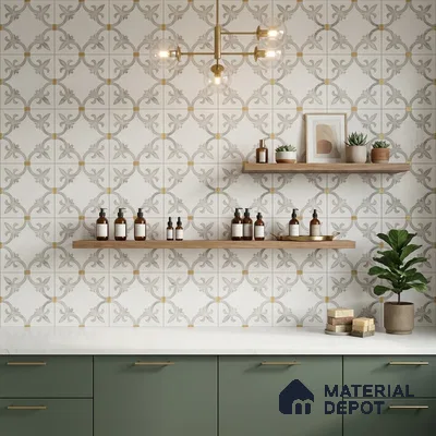 Modern kitchen with sage green laminate cabinets, white quartz countertop, and patterned geometric wall tiles