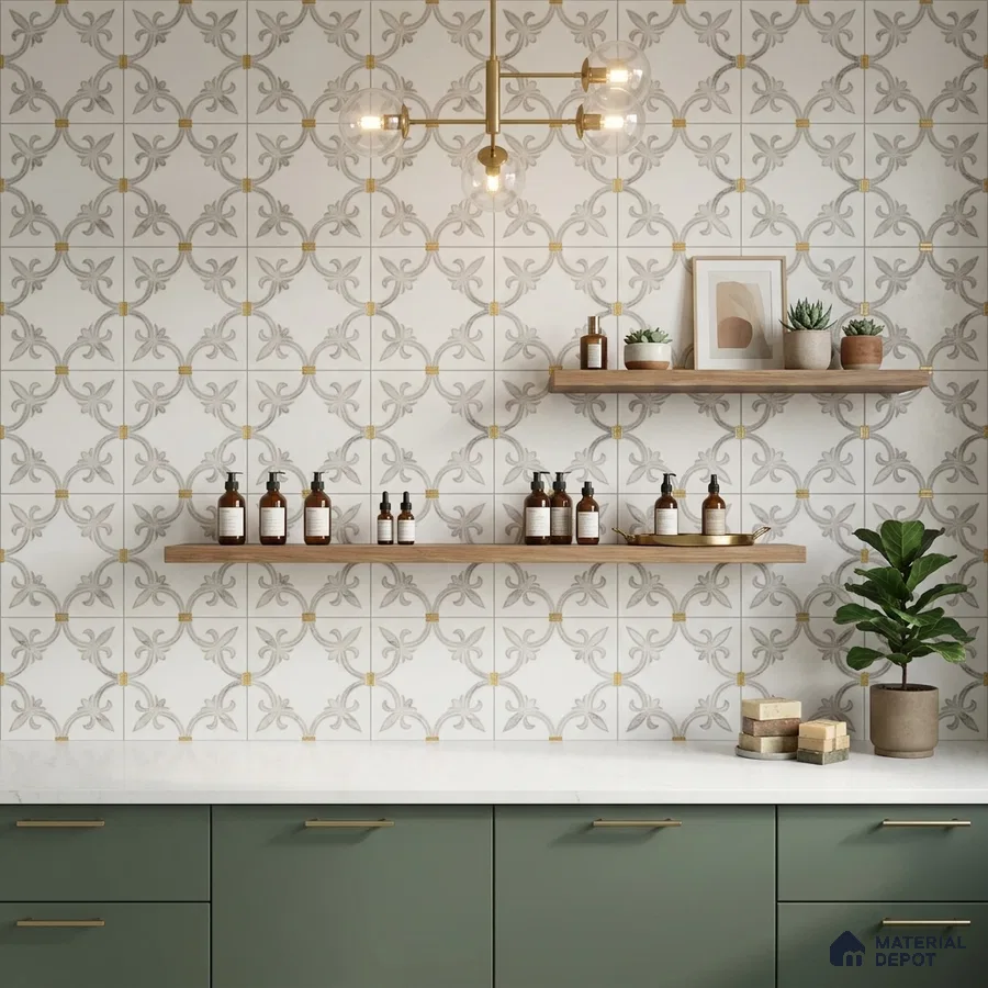 Modern kitchen with sage green laminate cabinets, white quartz countertop, and patterned geometric wall tiles