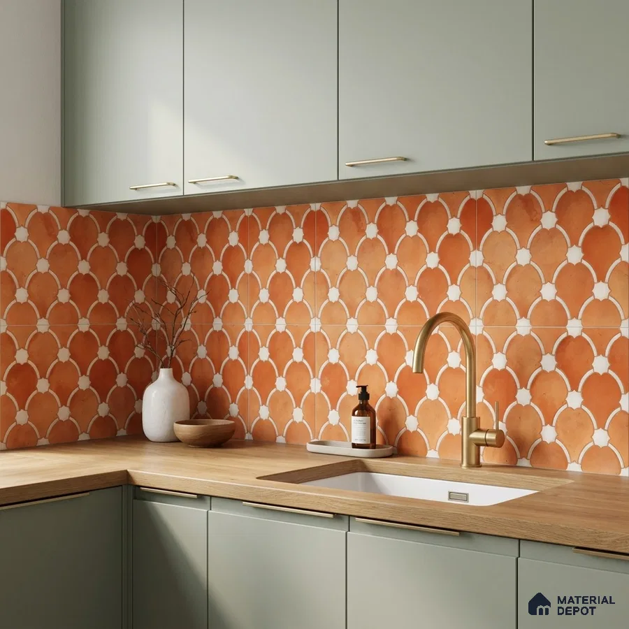 Modern kitchen with terracotta moroccan backsplash tile and sage green laminate cabinets
