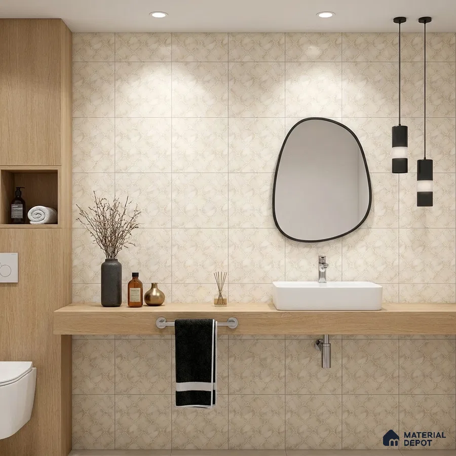 Scandinavian bathroom with beige patterned wall tiles and light oak laminate vanity