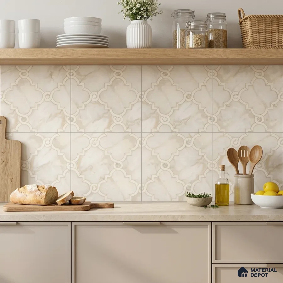 Scandinavian kitchen with beige moroccan marble-look backsplash tile and cream matte cabinets