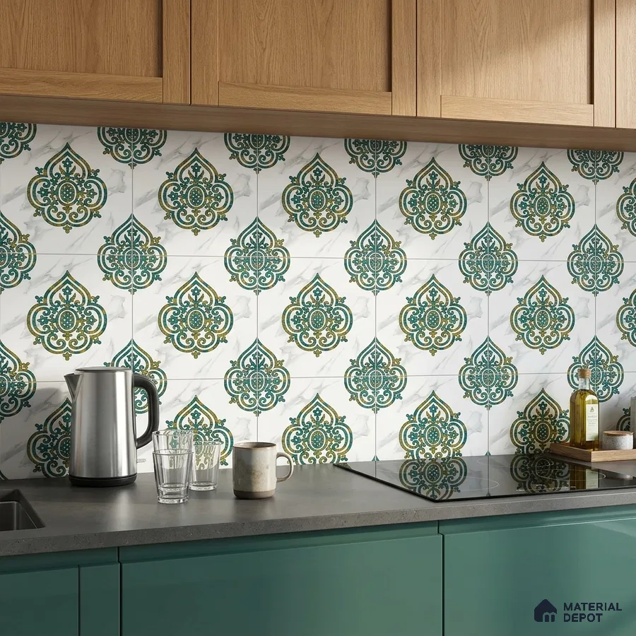 Modern kitchen with green laminate cabinets and marble-look patterned backsplash tiles