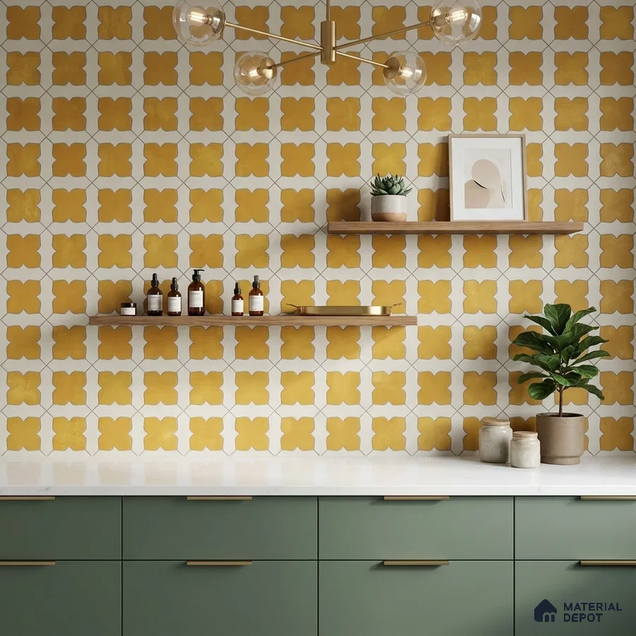 Modern kitchen with sage green laminate cabinets, white quartz countertop, and mustard yellow patterned wall tiles