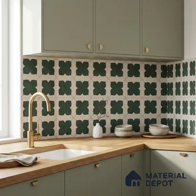 Scandinavian kitchen with sage green laminate cabinets, oak wood countertop, and green geometric patterned backsplash tiles