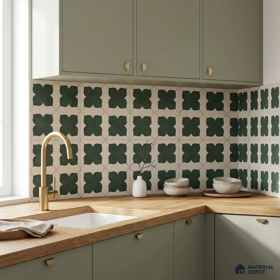 Scandinavian kitchen with sage green laminate cabinets, oak wood countertop, and green geometric patterned backsplash tiles