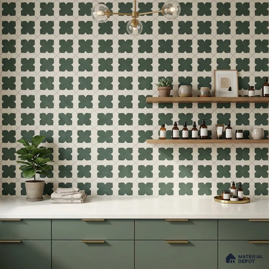 Modern kitchen with sage green laminate cabinets, white quartz countertop, and green geometric patterned wall tiles