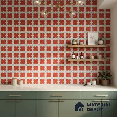 Modern kitchen with sage green laminate cabinets and terracotta geometric patterned wall tiles