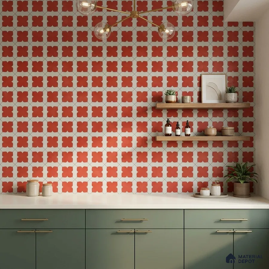 Modern kitchen with sage green laminate cabinets and terracotta geometric patterned wall tiles