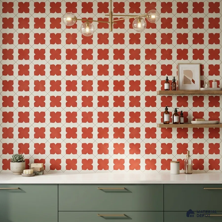 Modern kitchen with terracotta geometric patterned wall tiles and sage green laminate cabinets