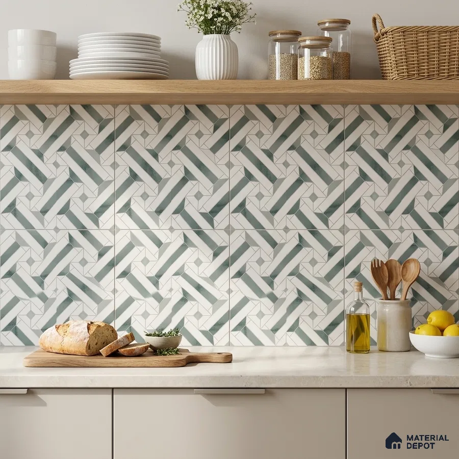 Scandinavian kitchen with geometric green and white backsplash tiles and light beige countertop