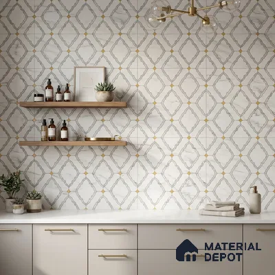 Modern bathroom with patterned marble wall tiles, white quartz countertop, and beige matte cabinets