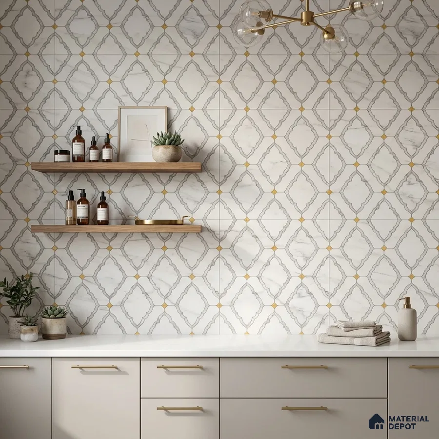 Modern bathroom with patterned marble wall tiles, white quartz countertop, and beige matte cabinets