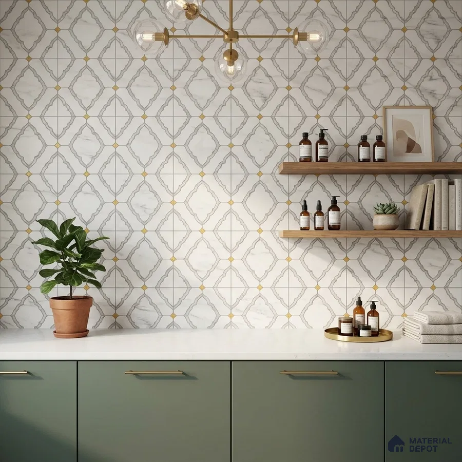 Modern kitchen with sage green laminate cabinets, white quartz countertop, and geometric patterned wall tiles