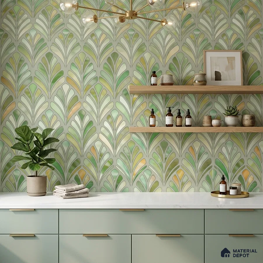 Modern bathroom with green patterned tile, pastel green laminate vanity, and white quartz countertop