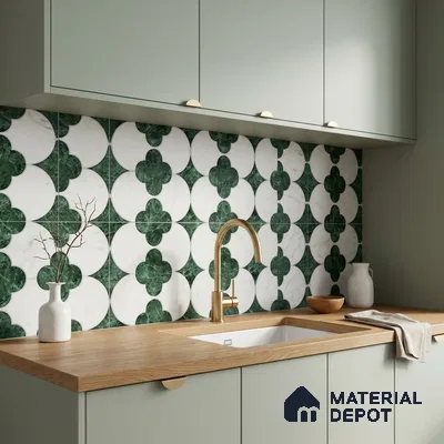 Modern kitchen with sage green laminate cabinets, oak wood countertop, and green-white geometric backsplash tile