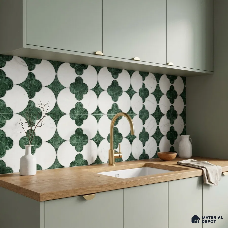 Modern kitchen with sage green laminate cabinets, oak wood countertop, and green-white geometric backsplash tile